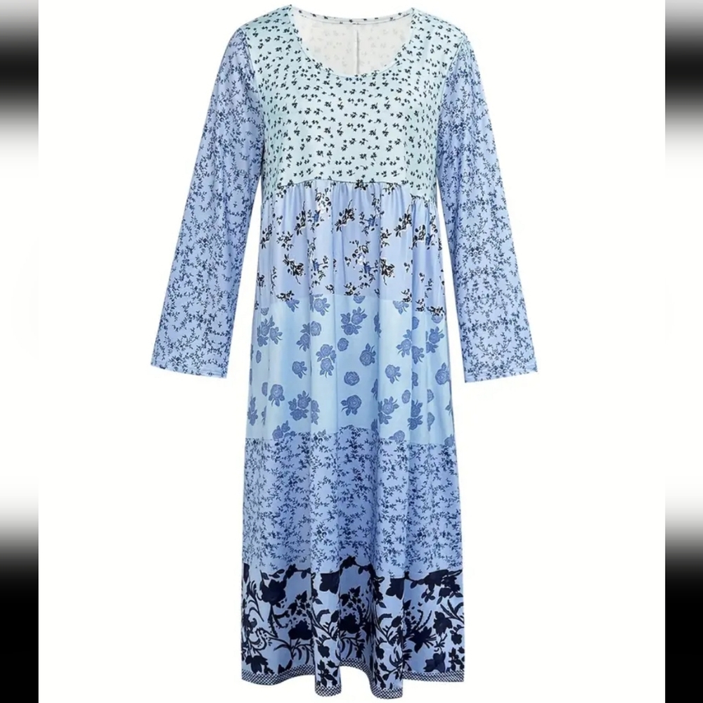 Romantic boho baby blue mixed print baby doll multi tiered midi dress size large - Picture 2 of 4